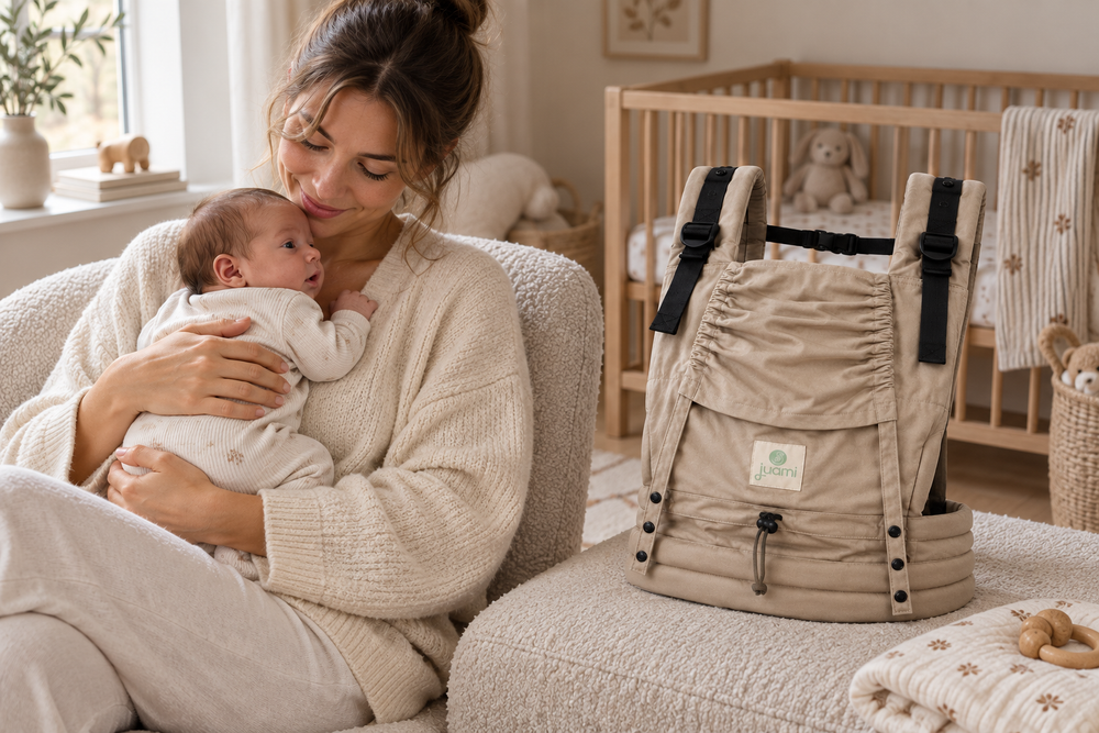 Moeder houdt haar pasgeboren baby in haar armen, met een zandkleurige draagzak naast haar.